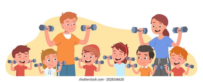 Sport coach man, woman people training girls and boys kids lifting dumbbells exercising. Happy healthy children doing weightlifting exercises. Fitness activity, wellness flat vector illustration