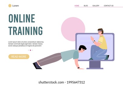 Sport coach on screen training online of young man who does push-ups or plank. Web app for workout, fitness and physical exercises. Concept of healthy lifestyle. Vector illustration