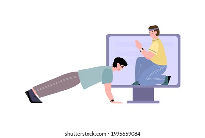 Sport coach on screen training online of young man who does push-ups or plank. Workout, fitness and physical exercises at home. Concept of healthy lifestyle. Vector illustration.