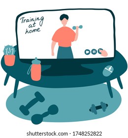 Sport Coach Website. Workplace with dumbbells and computer with open training Application. Sportsman doing exercise with dumbbell in gym. Flat Cartoon Vector Illustration