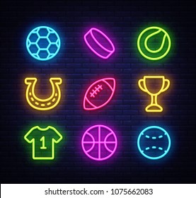 Sport collection icons neon style. Sport set of neon signs. Isolated icons on sports, football, basketball, tennis, baseball. Vector illustration