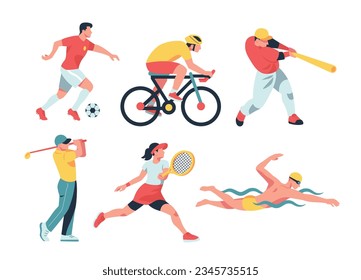 Ilustración vectorial de colección deportiva de una variedad de vectores deportivos, incluyendo fútbol, ciclismo, béisbol, golf, tenis y natación