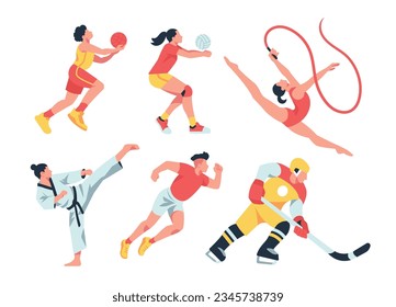 Sport-Kollektion, Vektorgrafik einer Vielzahl von Sportvektoren, einschließlich Basketball, Volleyball, Gymnastik, Karate, Laufen und Eishockey