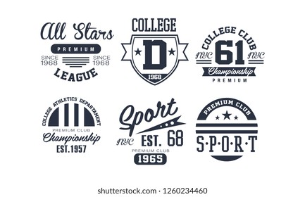 Sport college club logo design set, vintage premium championship, sport club emblem or badge vector Illustration