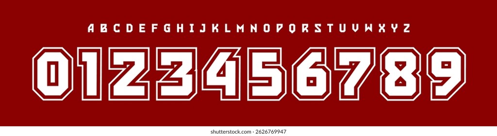 Sport College Number Font, Bold Athletic Alphabet for varsity apparel, team jerseys, scoreboards, university posters, and championship designs. Perfect for American sports themes. Vector Illustration.