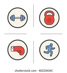 Sport color icons set. Gym barbell and kettlebell, running man and boxing glove. Vector isolated illustrations