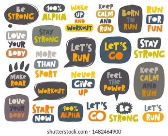 Sport colored hand drawn lettering set. Motivation phrases sketch typography. Vector inscription slogans collection. Handwritten fitness and healthy life sticker, icon, logo, elements