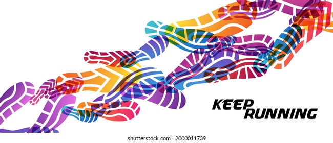 Sport colorful background with silhouettes of footprint.  Conceptual vector illustration of marathon or jogging or run festival.