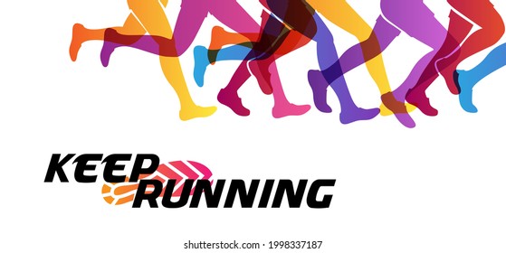 Sport colorful background with silhouettes of running people. Vector illustration with mans and womans in active lifestyle. Concept of marathon or jogging or run festival