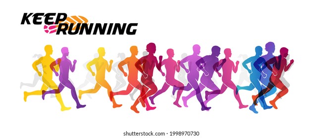 Sport colorful background with silhouettes of running people. Vector illustration with mans and womans in active lifestyle. Concept of marathon or jogging or run festival