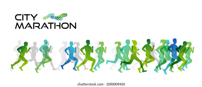 Sport colorful background with silhouettes of running people and city backdrop. Vector illustration with mans and womans in active lifestyle. Concept of marathon or jogging or run festival