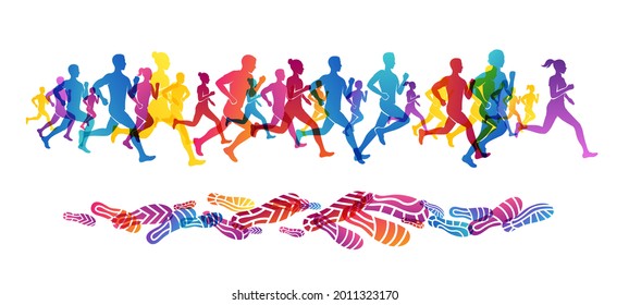 Fondo deportivo colorido con siluetas de gente corriendo. Ilustración vectorial con hombres y mujeres en estilo de vida activo. Concepto de maratón o festival de trotar o correr