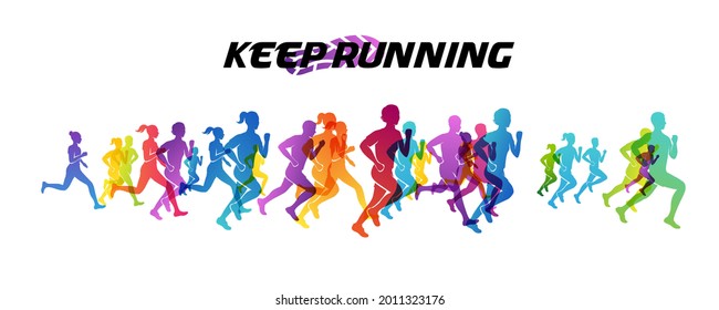 Sport colorful background with silhouettes of running people. Vector illustration with mans and womans in active lifestyle. Concept of marathon or jogging or run festival