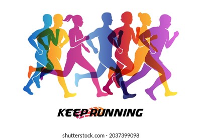 Sport colorful background with silhouettes of running people. Vector illustration with mans and womans in active lifestyle. Concept of marathon or jogging or run festival