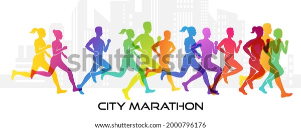 Sport colorful
background with silhouettes of running people. Vector illustration
with mans and womans in active lifestyle. Concept of marathon or
jogging or run festival