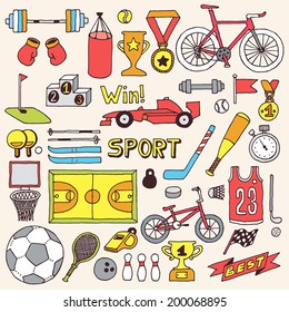 Sport colorful doodle set. Hand drawn vector illustration.