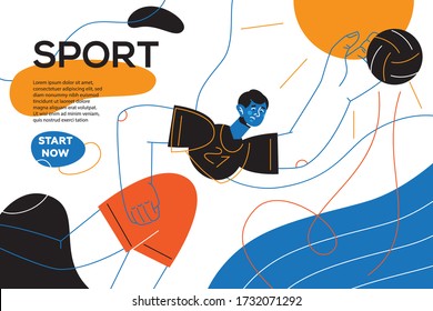 Sport - colorful flat design style web banner with line elements and copy space for text. An illustration with a character, sportsman playing volleyball. Game, competition and active lifestyle concept