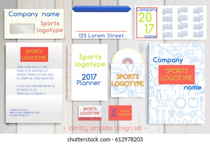 Sport company corporate identity template design set. Sport shop identity. Business stationery. Vector mock up. Company style for brand book and guideline with colorful sport pattern.
