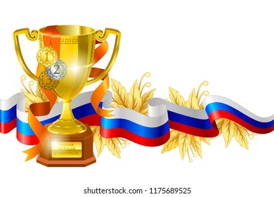 Sport competition award composition.
Gold cup wrapped with colorful ribbon and floral elements
