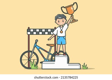 Sport competition concept in flat line design. Sports equipment color outline scene. Boy athlete holding golden cup and standing at first place pedestal near bicycle. Vector illustration with web icon