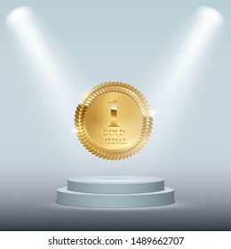 Sport competition golden medal 3d realistic illustration. Golden award for first place. Championship winner’s trophy with decorative olive branch on grey background