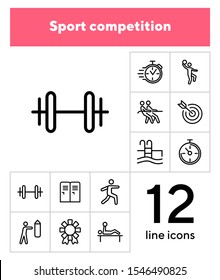 Sport competition icons. Set of line icons. Gym lockers, barbell, swimming pool. Sports activity concept. Vector illustration can be used for topic like professional sport, physical activity, training