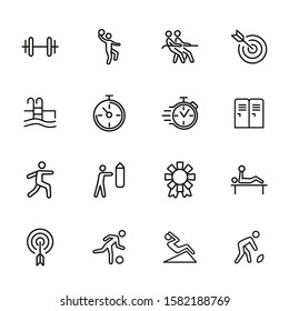 Sport competition icons. Set of line icons. Gym lockers, barbell, swimming pool. Sports activity concept. Vector illustration can be used for topic like professional sport, physical activity, training