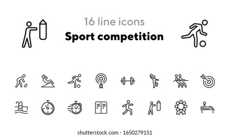 Sport competition icons. Set of line icons. Gym lockers, barbell, swimming pool. Sports activity concept. Vector illustration can be used for topic like professional sport, physical activity, training