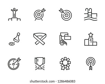 Sport competition line icon set. Set of line icons on white background. Target, arrow, pool. Winning concept. Vector illustration can be used for topics like sport, Olympic games