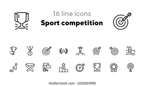 Sport competition line icon set. Set of line icons on white background. Target, arrow, pool. Winning concept. Vector illustration can be used for topics like sport, Olympic games