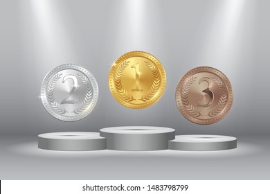 Sport competition medals 3d realistic illustration. Golden, silver, bronze awards for first, second, third place. Championship winner’s trophies with decorative olive branch on grey background