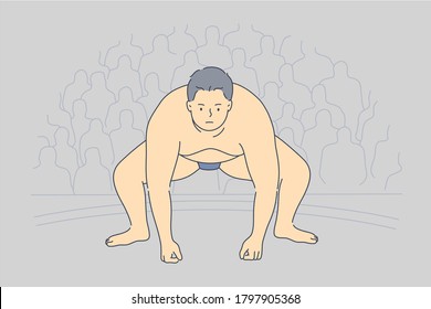 Sport, competition, obesity, japan, preparation, fight concept. Young fat obese serious asian man sumo wrestler preparing fighting at match or sparring. Traditional japanese wrestling single combat.