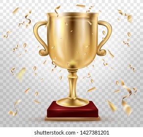 Sport competition trophy, championship gold cup on red wood stand, falling foil confetti 3d realistic vector isolated on transparent background. Winner precious prize, glory and leadership symbol