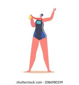 Sport Competition Winner Rewarding Concept. Woman Swimmer Character Wear Swim Suit and Hat Holding Gold Trophy Award Medal Isolated on White Background. Cartoon People Vector Illustration