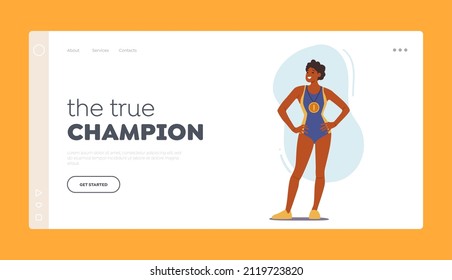 Sport Competition Winner Rewarding Concept for Landing Page Template. Woman Swimmer Character Wear Swim Suit Demonstrate Gold Medal, Trophy Award Celebration. Cartoon People Vector Illustration