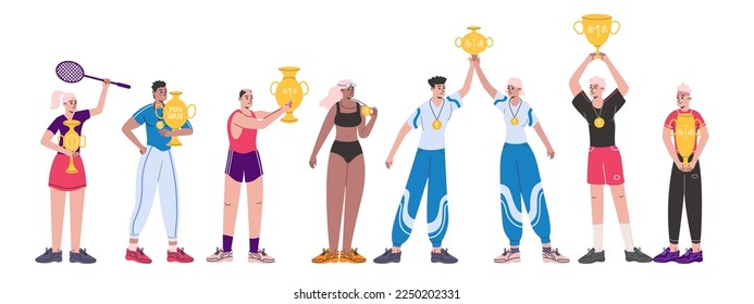 Sport competition winners. Happy athletes. Sportive people with medals and cups. Champions hold well deserved awards. Different characters. Tennis and swimming. Vector