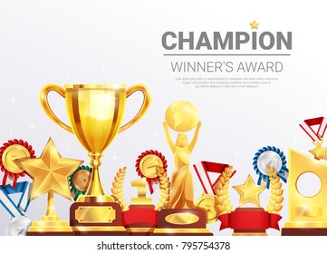 Sport competitions winners awards realistic composition poster with gold silver bronze medals and championship cup vector illustration 