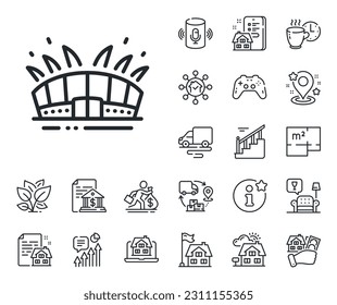 Señal de complejo deportivo. Plano del suelo, escaleras y iconos del contorno del salón. Icono de la línea del estadio de Arena. Símbolo de construcción de campeonato. Cartel de la línea del estadio de Arena. hipoteca de vivienda, ícono de la venta de edificio. Vector