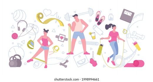 Sport composition with abstract icons silhouettes of gym apparatus and young people characters performing fitness exercises vector illustration