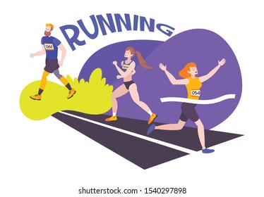 Sport composition of people characters with uniform numbers and flat image of race track with text vector illustration