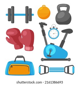 Sport concept with balls and gaming items. Fitness equipment for workout and cardio set in gym. Vector Healthy lifestyle illustration.