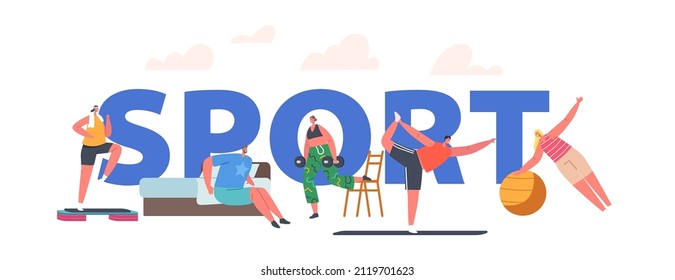 Sport Concept. Characters Training, Exercising, Sports Activity, Male and Female Characters Workout with Dumbbells, Healthy Life, Gym Poster, Banner or Flyer. Cartoon People Vector Illustration