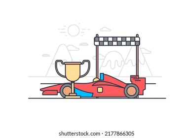 Sport concept in flat outline design. Awarding victory in sport event. Vector illustration with colorful line web scene with red car at finish line in racing tournament and cup trophy for first place