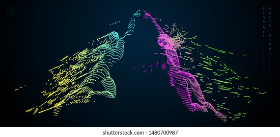 Sport concept of a flying people. Vector drawn by color lines. Sport minimal cover design. Creative line-art set. Man and woman. Run and fly. Vector template.
