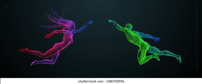 Sport concept of a flying people. Vector drawn by color lines. Sport minimal cover design. Creative line-art set. Man and woman. Run and fly. Vector template.