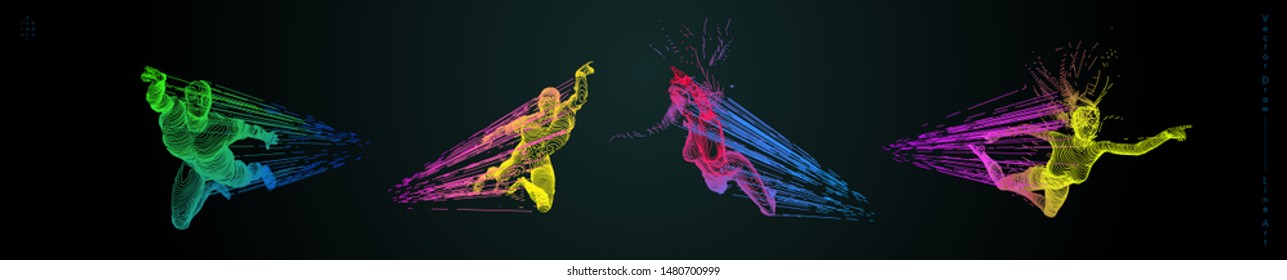 Sport concept of a flying people. Vector drawn by color lines. Sport minimal cover design. Creative line-art set. Man and woman. Run and fly. Vector template.