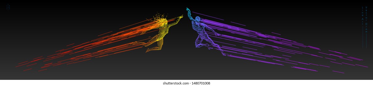 Sport concept of a flying people. Vector drawn by color lines. Sport minimal cover design. Creative line-art set. Man and woman. Run and fly. Vector template.