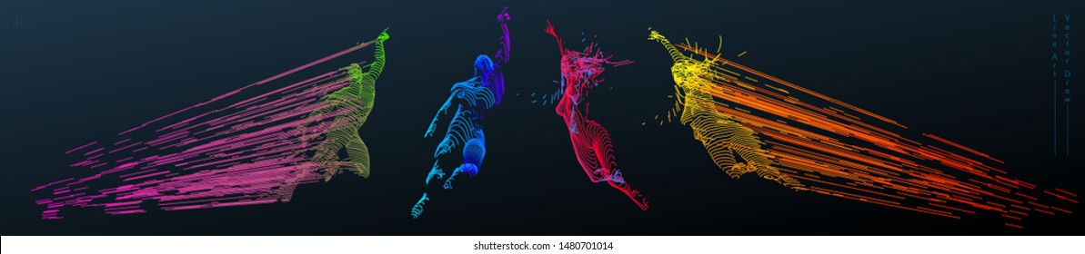 Sport concept of a flying people. Vector drawn by color lines. Sport minimal cover design. Creative line-art set. Man and woman. Run and fly. Vector template.