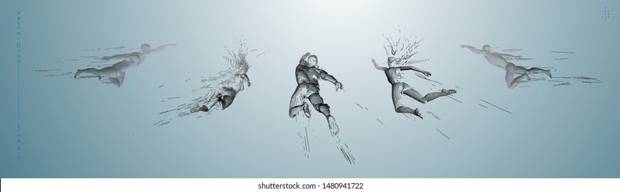 Sport concept of a flying people. Vector drawn by graphic lines. Sport minimal cover design. Classic line-art set. Man and woman. Run and fly. Vector template.