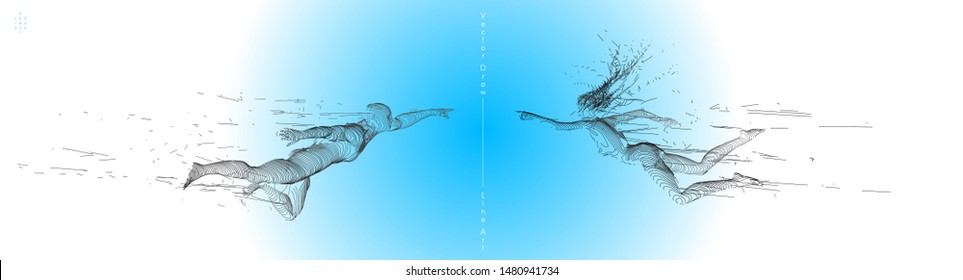 Sport concept of a flying people. Vector drawn by graphic lines. Sport minimal cover design. Classic line-art set. Man and woman. Run and fly. Vector template.